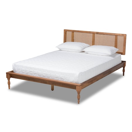 Romy Ash Walnut Finished And Synthetic Rattan Queen Size Platform Bed